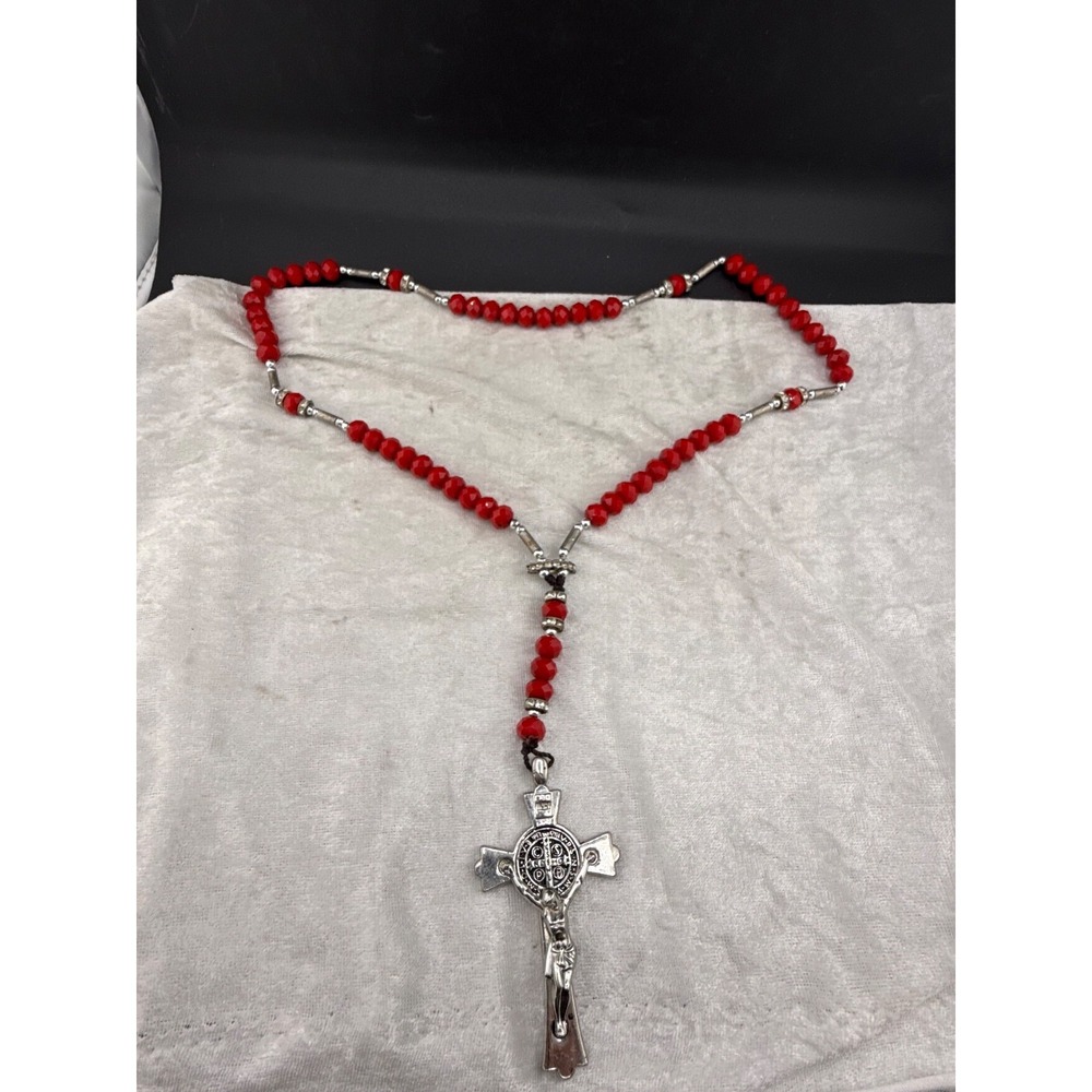 Vintage Glass Beaded  Rosary Red Faceted Cross Necklace‎